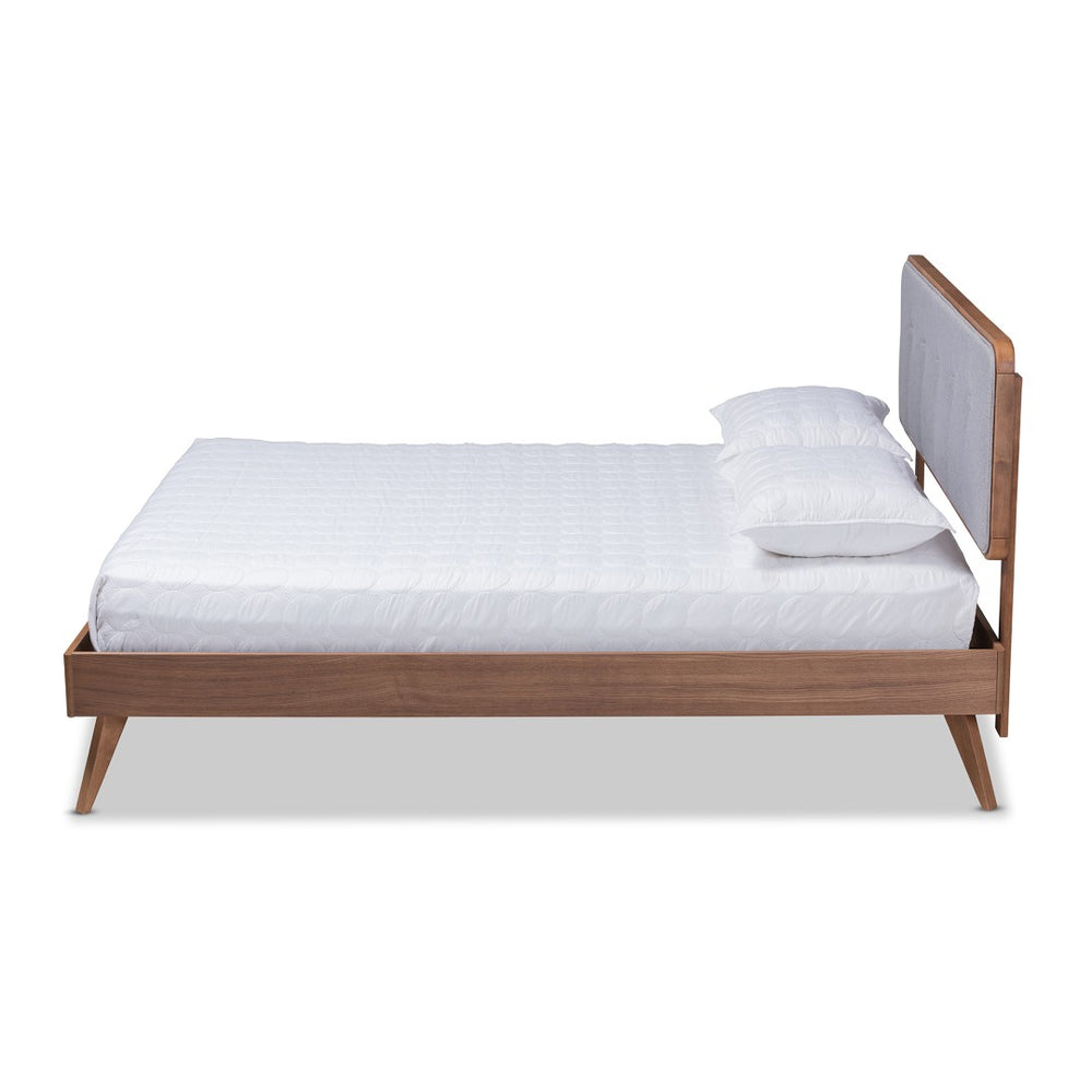 Baxton Studio Baxton Studio Dilara Mid-Century Modern Queen Bed in Light Grey Fabric with Walnut Brown Finish Dilara-Light Grey/Ash Walnut-Queen