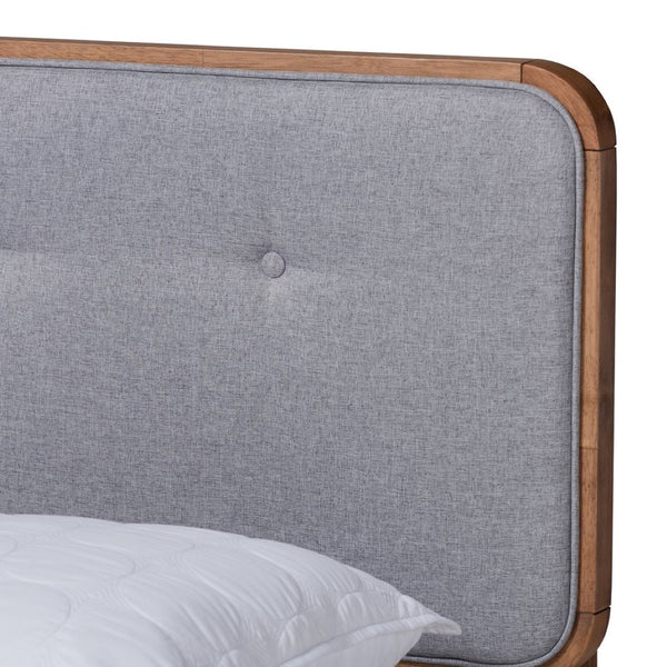 Baxton Studio Baxton Studio Dilara Mid-Century Modern Queen Bed in Light Grey Fabric with Walnut Brown Finish Dilara-Light Grey/Ash Walnut-Queen