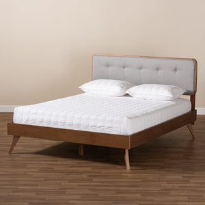 Baxton Studio Baxton Studio Dilara Mid-Century Modern Queen Bed in Light Grey Fabric with Walnut Brown Finish Dilara-Light Grey/Ash Walnut-Queen