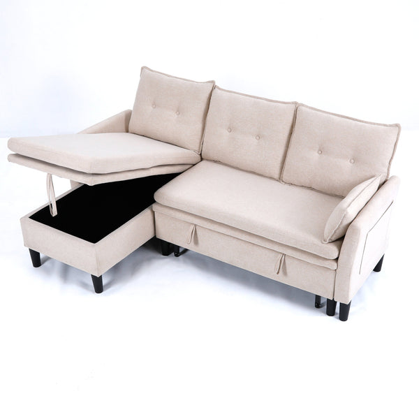 English Elm L-Shaped Reversible Chaise Sectional Sofa with Storage and Fold-Out Bed Cotton-Linen Modern Design Beige W3371S00024