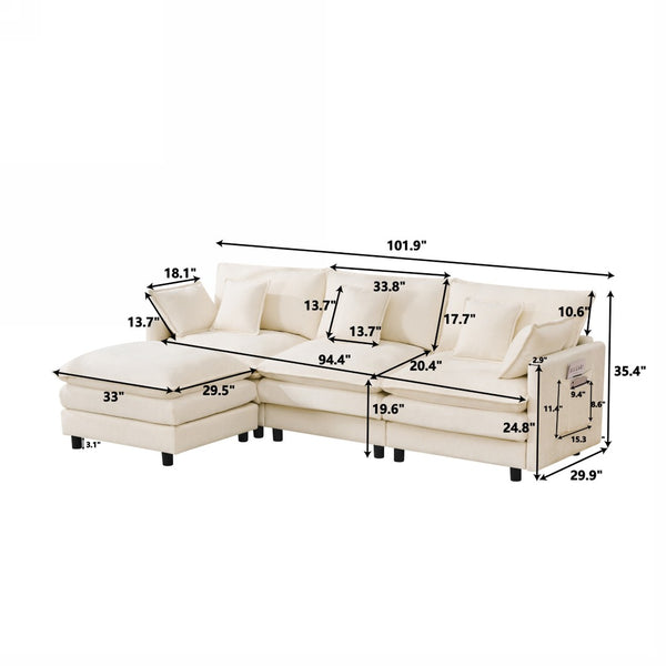 English Elm 101.9-inch Chenille Modular Sofa with Movable Footstool for Living Room Comfort Beige W288S00031