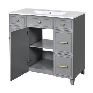 English Elm 36" 36-inch Transitional Bathroom Vanity with Ceramic Basin, Solid Wood Frame, Soft-Close Storage Elegance Grey N729P255663E