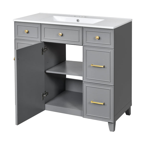 English Elm 36" 36-inch Transitional Bathroom Vanity with Ceramic Basin, Solid Wood Frame, Soft-Close Storage Elegance Grey N729P255663E