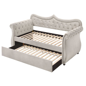 English Elm Beige Twin Daybed with Trundle, 28-Slat Sturdy Support, Rubberwood Frame, Cozy Beige Upholstery B062S00455
