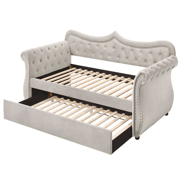 English Elm Beige Twin Daybed with Trundle, 28-Slat Sturdy Support, Rubberwood Frame, Cozy Beige Upholstery B062S00455