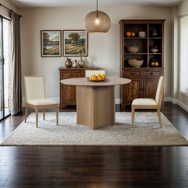 Meridian Furniture Corvina Stone Top Dining Table with Sculptural Oak Veneer Base for Modern Rooms Natural 46.5 inches 940Natural-T