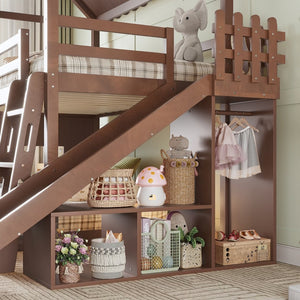 English Elm Twin Over Full Playhouse Bunk Bed with Slide Ladder Storage Shelves and Wardrobe Antique Natural W5305S00041