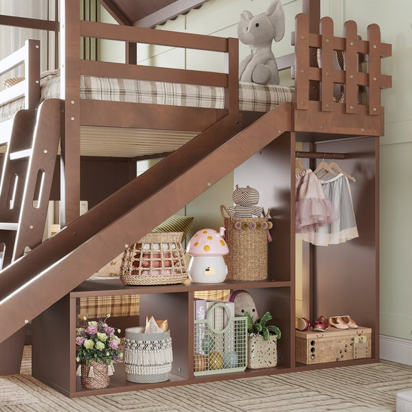 English Elm Twin Over Full Playhouse Bunk Bed with Slide Ladder Storage Shelves and Wardrobe Antique Natural W5305S00041