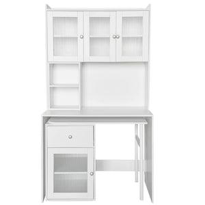 English Elm Computer Desk with Glass Doors, Hutch & Drawer Storage, Rotating 90° Desktop and Spacious Work Surface White W331S00194