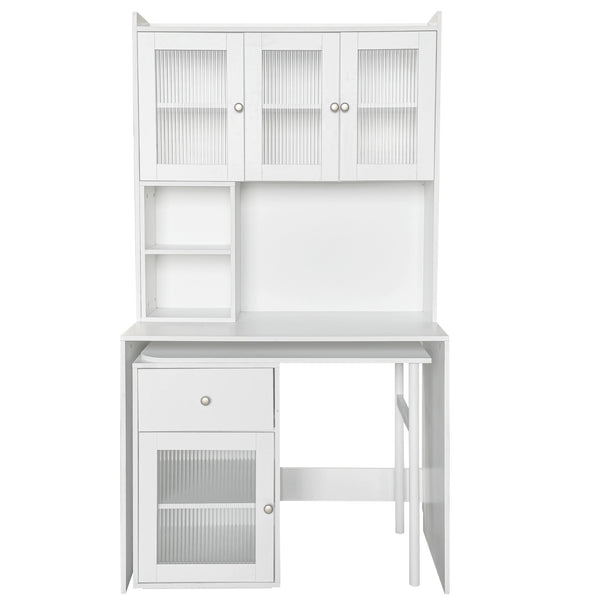 English Elm Computer Desk with Glass Doors, Hutch & Drawer Storage, Rotating 90° Desktop and Spacious Work Surface White W331S00194