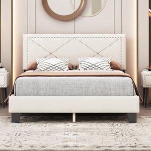 English Elm Simple Queen Size Upholstered Bed Frame With Rivet Design, Modern Velvet Platform Bed With Headboard, Beige