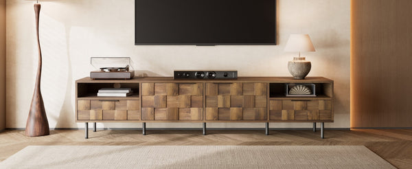 English Elm Mid Century Modern Tv Stand 79 Inch Wood Tone Console with Drawers for Living Room N710P401530P