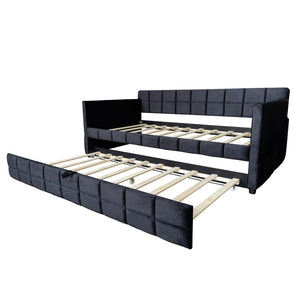 English Elm Modern Velvet Twin Daybed with Pull Out Trundle and Built in Armrest Storage Pockets Black SF000200AAB