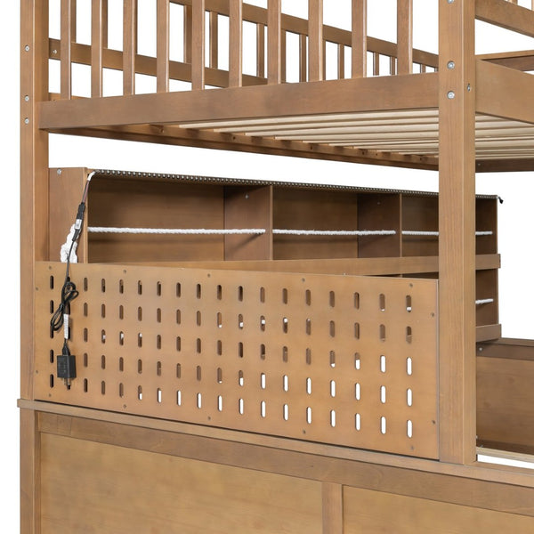 English Elm Twin Xl Over Queen Bunk Bed with Led Lighting Shelving and Pegboard Pinewood Frame Brown LT000280AAP