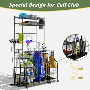 English Elm Golf Bag Vertical Rack Organizer Holds 3 Bags with Club and Accessory Shelves T3210P392618