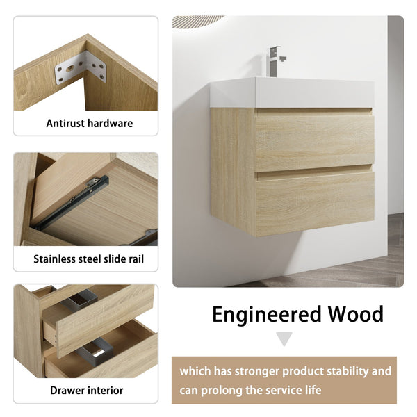 English Elm 24" Wall-Mounted Bathroom Vanity With Resin Sink, Soft-Close Drawers & Space-Saving Design For Style W999S00196