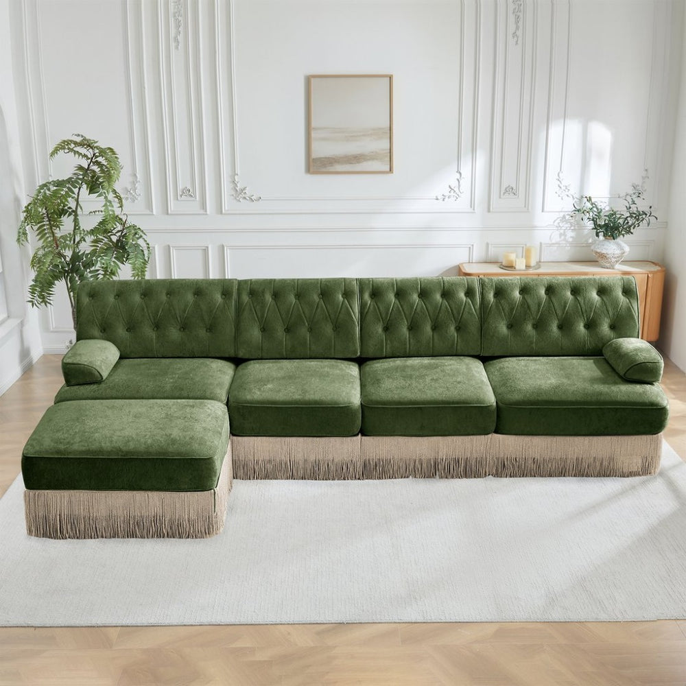 English Elm 135" Chesterfield Velvet Sectional with Tufted Back Tassel Skirt and Modular Living Room Design Green W714S01713