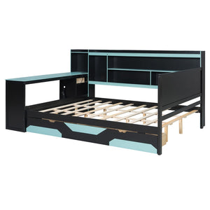 English Elm Queen Gaming Bed Frame with Desk Led Lighting Storage Drawers and Bookcase Headboard Black+Blue LP000290AAC