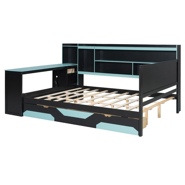 English Elm Queen Gaming Bed Frame with Desk Led Lighting Storage Drawers and Bookcase Headboard Black+Blue LP000290AAC