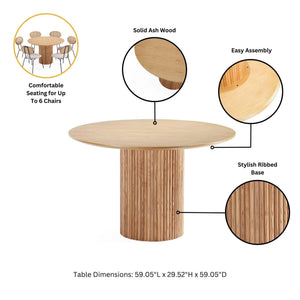 English Elm Hathaway 59" Round Dining Table – Natural Solid Ash Wood, Ribbed Base, Seats 6, Modern & Durable Design B365S00097