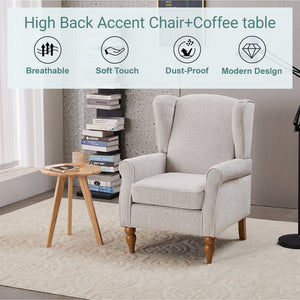 English Elm Coffee Table & Armchair Set with Vintage Roman Column Legs, Breathable Fabric, Solid Rubberwood Craftsmanship Beige W2989P339991