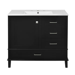 English Elm 36" Black Bathroom Vanity Solid Pine Frame with Soft-Close Door, 3 Drawers, Ceramic Top, Modern Storage Appeal N729P211167B