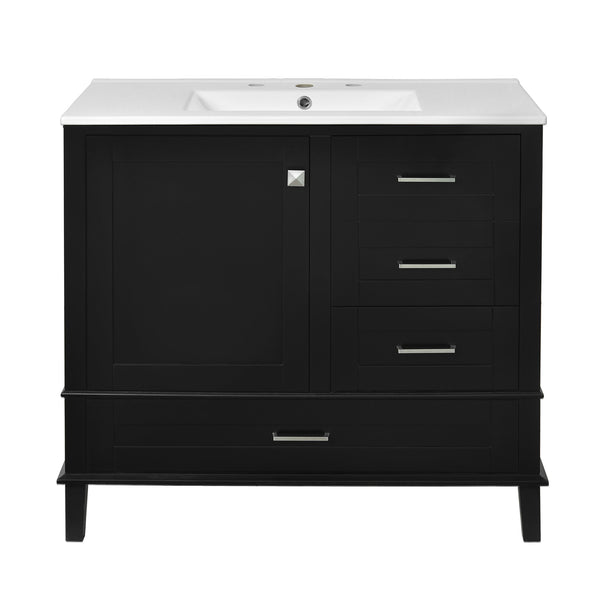 English Elm 36" Black Bathroom Vanity Solid Pine Frame with Soft-Close Door, 3 Drawers, Ceramic Top, Modern Storage Appeal N729P211167B