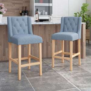 Christopher Knight Home® - Noble House - Lansglen Button Tufted Fabric Wingback Bar Stool, Light Blue and Natural - Set of 2