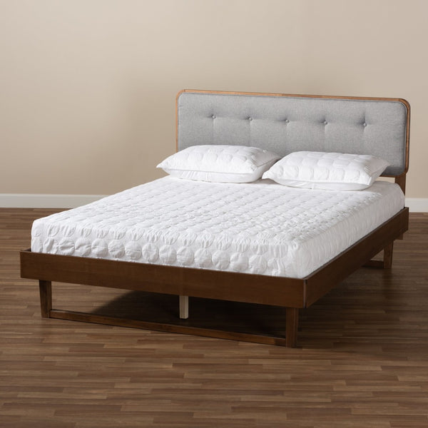 Baxton Studio Baxton Studio Natalia Queen Size Platform Bed - Mid-Century Modern Light Grey Upholstery & Walnut Finish Natalia-Light Grey/Ash Walnut-Queen
