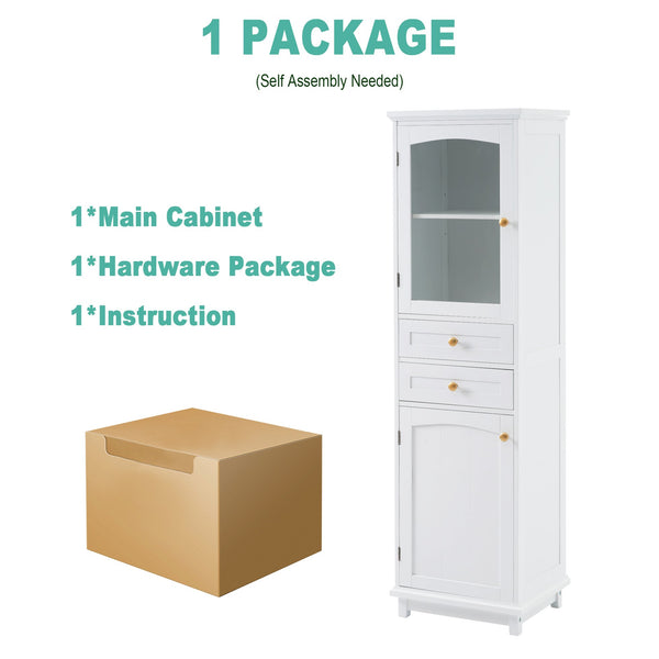 English Elm 63" Tall Bathroom Vanity Cabinet with Glass Doors, Two Drawers and Adjustable Shelves for Stylish Storage White N729P171305K