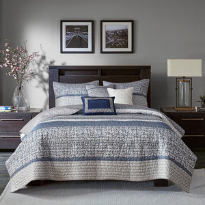 English Elm 6 Piece Reversible Jacquard Quilt Set Navy Grey Striped Chic King/Cal King with 3 Embroidered Pillows B03597590