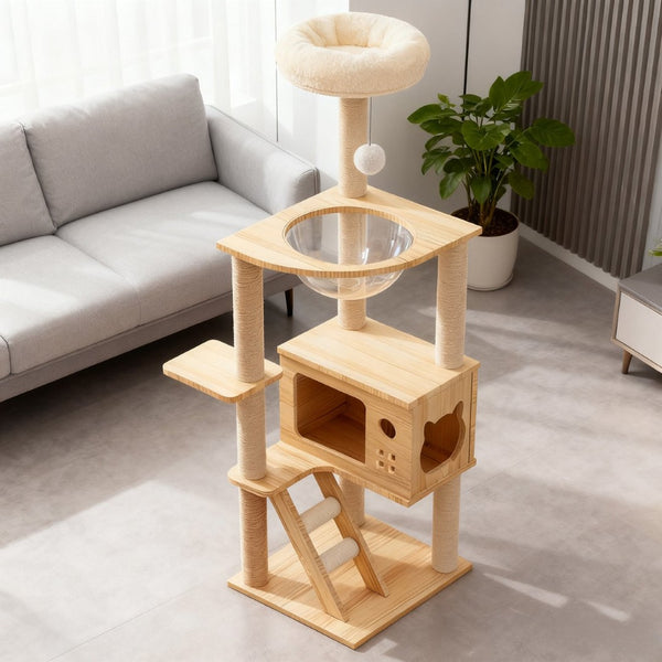 English Elm 48.8" Modern Wood Cat Tower Sisal Posts Acrylic Hammock Perch for Indoor Cats W3101P314628