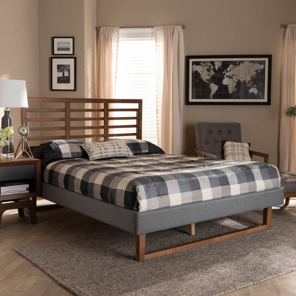 Baxton Studio Baxton Studio Rina Modern Dark Grey Upholstered Platform Bed with Walnut Wood Headboard Design Full Rina-Dark Grey/Ash Walnut-Full