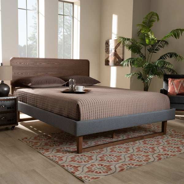 Baxton Studio Baxton Studio Ayla Mid-Century Modern Queen Platform Bed in Dark Grey Fabric & Walnut Wood Finish Ayla-Dark Grey/Ash Walnut-Queen