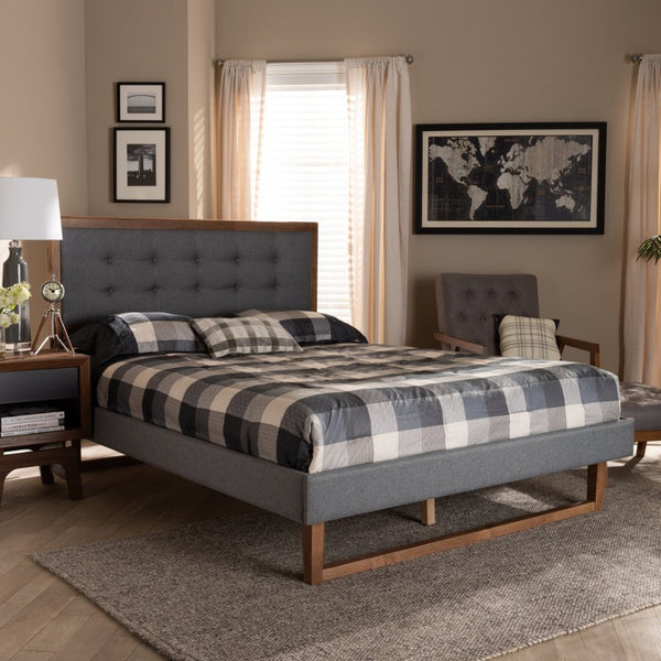 Baxton Studio Baxton Studio Emele Modern Upholstered Platform Bed with Dark Grey Fabric and Walnut Wood Finish Full Emele-Dark Grey/Ash Walnut-Full