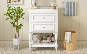 English Elm 24'' Retro Bathroom Vanity Mdf Cabinet with Ceramic Sink Open Shelf and 2 Drawers White N710P405414K