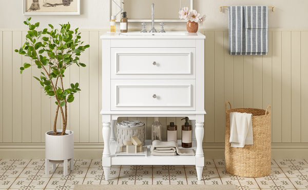English Elm 24'' Retro Bathroom Vanity Mdf Cabinet with Ceramic Sink Open Shelf and 2 Drawers White N710P405414K