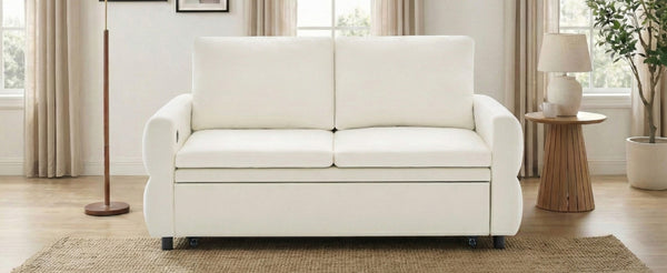 English Elm Convertible Chenille Sleeper Loveseat with Usb Ports and Reclining Backrest for Small Spaces Beige N719P390439A