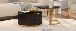 English Elm Modern Round Nesting Coffee Table Set with Gold Pedestal Legs and Storage Drawers Black N735P349323B