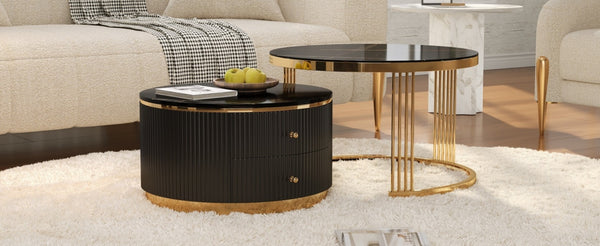 English Elm Modern Round Nesting Coffee Table Set with Gold Pedestal Legs and Storage Drawers Black N735P349323B