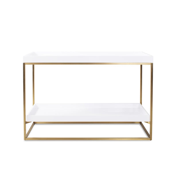 Howard Elliott Lyndhurst White Lacquer Console Table - Chic Floating Design With Gold Frame & Stylish Bottom Shelf White Mdf,Stainless Steel 94150-howard-elliott