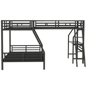 English Elm Twin Triple Bunk Bed with Loft, Desk & Shelf — Metal Black L-Shaped Sleep/Study Space, No Box SpringNeeded SM000606AAB