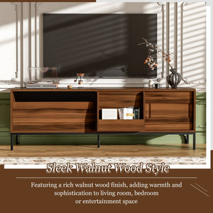 English Elm U-can Mid Century Walnut Media Console with Sliding Doors and Metal Frame for Living Rooms Brown N724P360370D