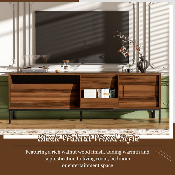 English Elm U-can Mid Century Walnut Media Console with Sliding Doors and Metal Frame for Living Rooms Brown N724P360370D