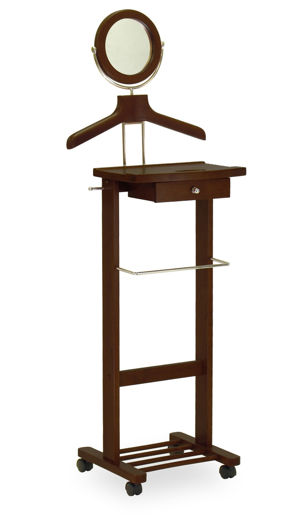 Winsome Wood Vanity Valet Stand - Elegant Walnut Organizer With Mirror, Drawer, And Rolling Casters For Easy Use Walnut Solid ,Composite Wood 94155-winsome-wood