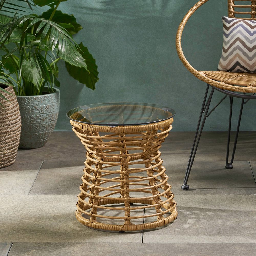 English Elm Christopher Knight Home® - SAN PEDRO SIDE TABLE Light Brown Rattan with Tempered Glass Top Boho Patio Accent Durable 15.8"H 65760.00LBRN