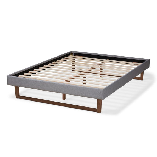 Baxton Studio Baxton Studio Liliya Mid-Century Modern Upholstered Platform Bed Frame with Walnut Brown Finish Light Full MG97043-1-Light Grey/Ash Walnut-Bed Frame-Full