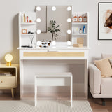 English Elm Vanity Desk Set Stool & Dressing Table With Led Lighting Mirror Drawer and Compartments Modern Wood Cosmetic Table Chest Of Drawers White Color