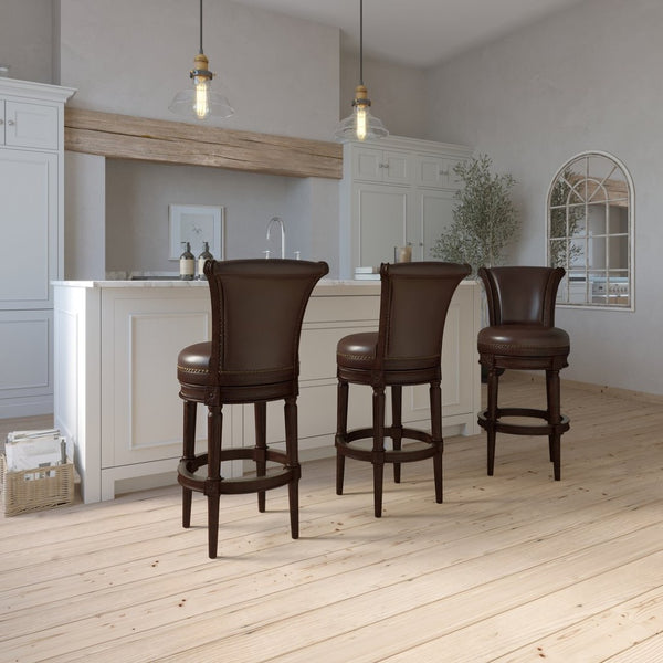 English Elm 31in. Swivel Barstool Faux Leather High Back Nailhead Trim Distressed Walnut Frame B2751P436427