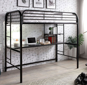 English Elm Black Twin Bunk Bed with Built-In Desk and Shelves, Heavy-Duty Metal Frame, Safe Guard Rails Black 78 L x 44 W x 8 H B2741P351282
